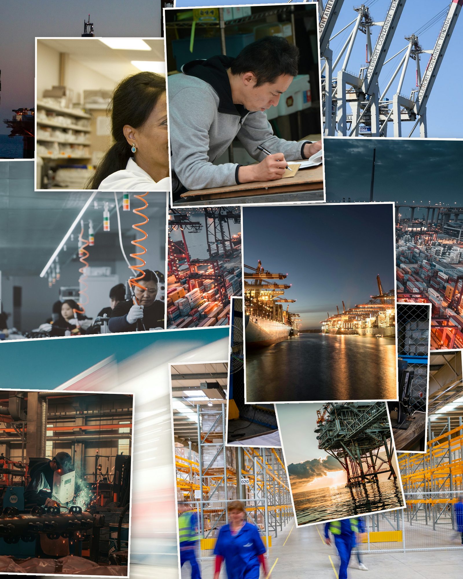 A collage of the operations Velocity works in: offshore rigs, quay cranes, container yards, a pharmacist, a welder, warehouses and a freight train