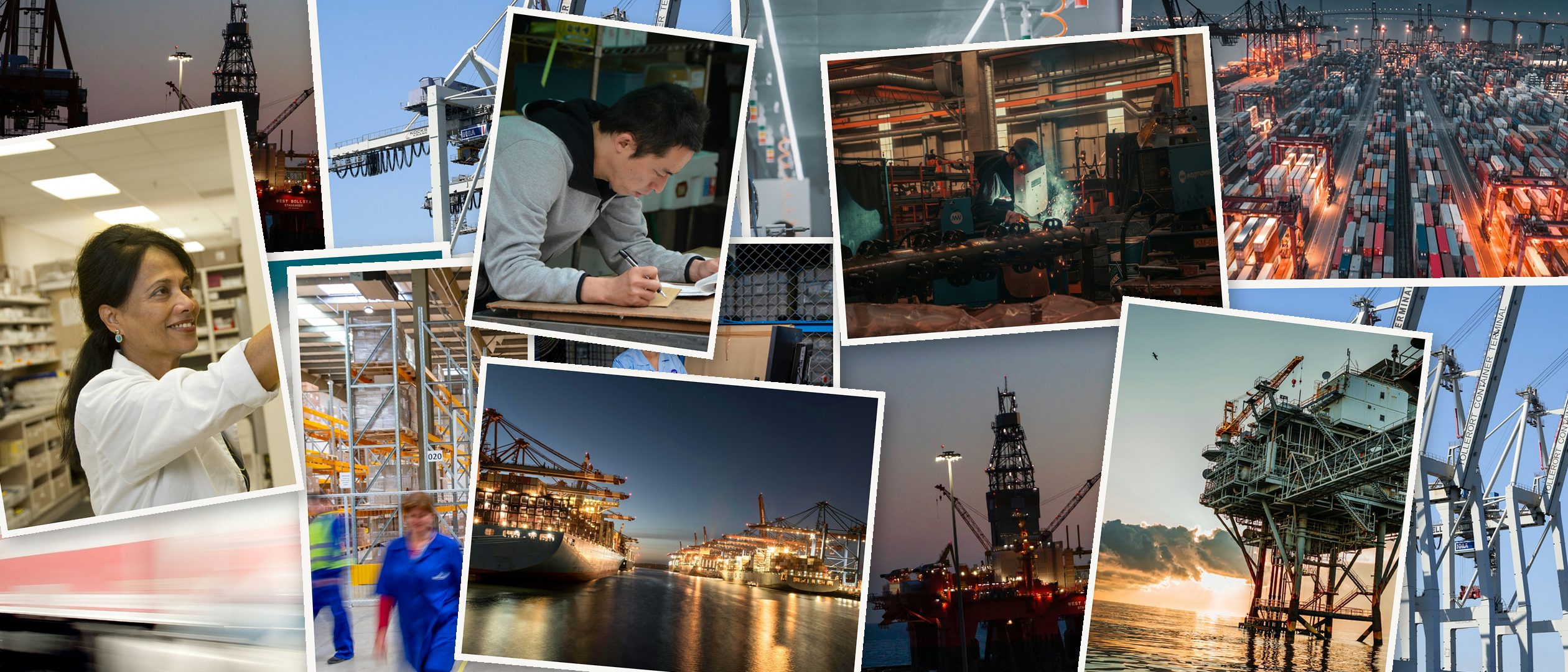 A collage of the operations Velocity works in: offshore rigs, quay cranes, container yards, a pharmacist, a welder, warehouses and a freight train